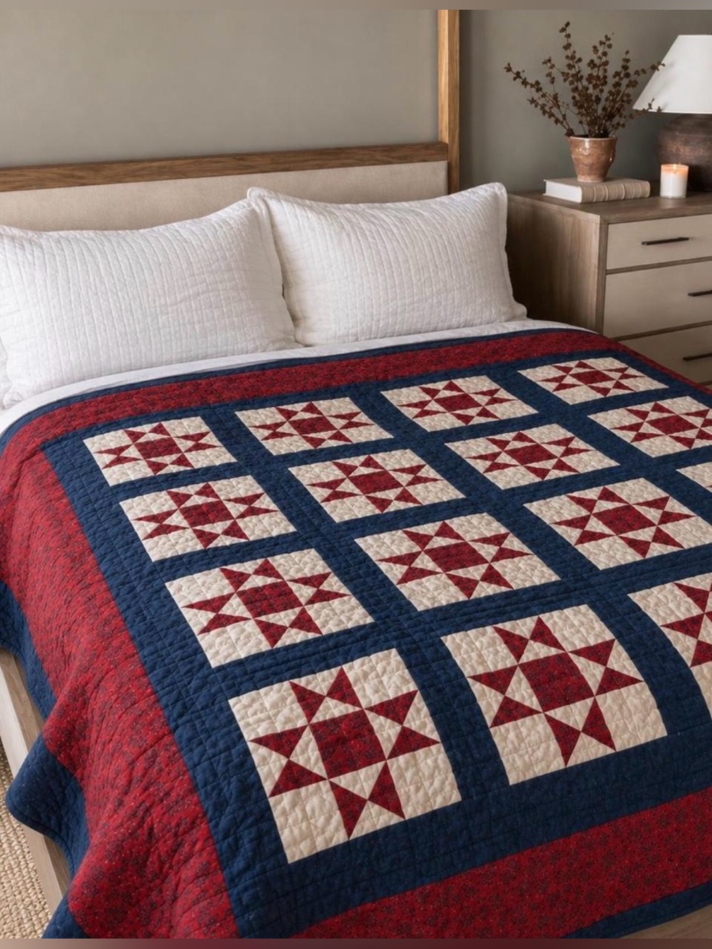 Handmade Star Patchwork Quilt in Red, Navy & Cream- Queen